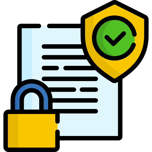 Flat icon of a secure document with a padlock and shield checkmark, symbolizing data protection, privacy compliance, or encrypted records. Perfect for illustrating HIPAA, cybersecurity, or secure information handling.
