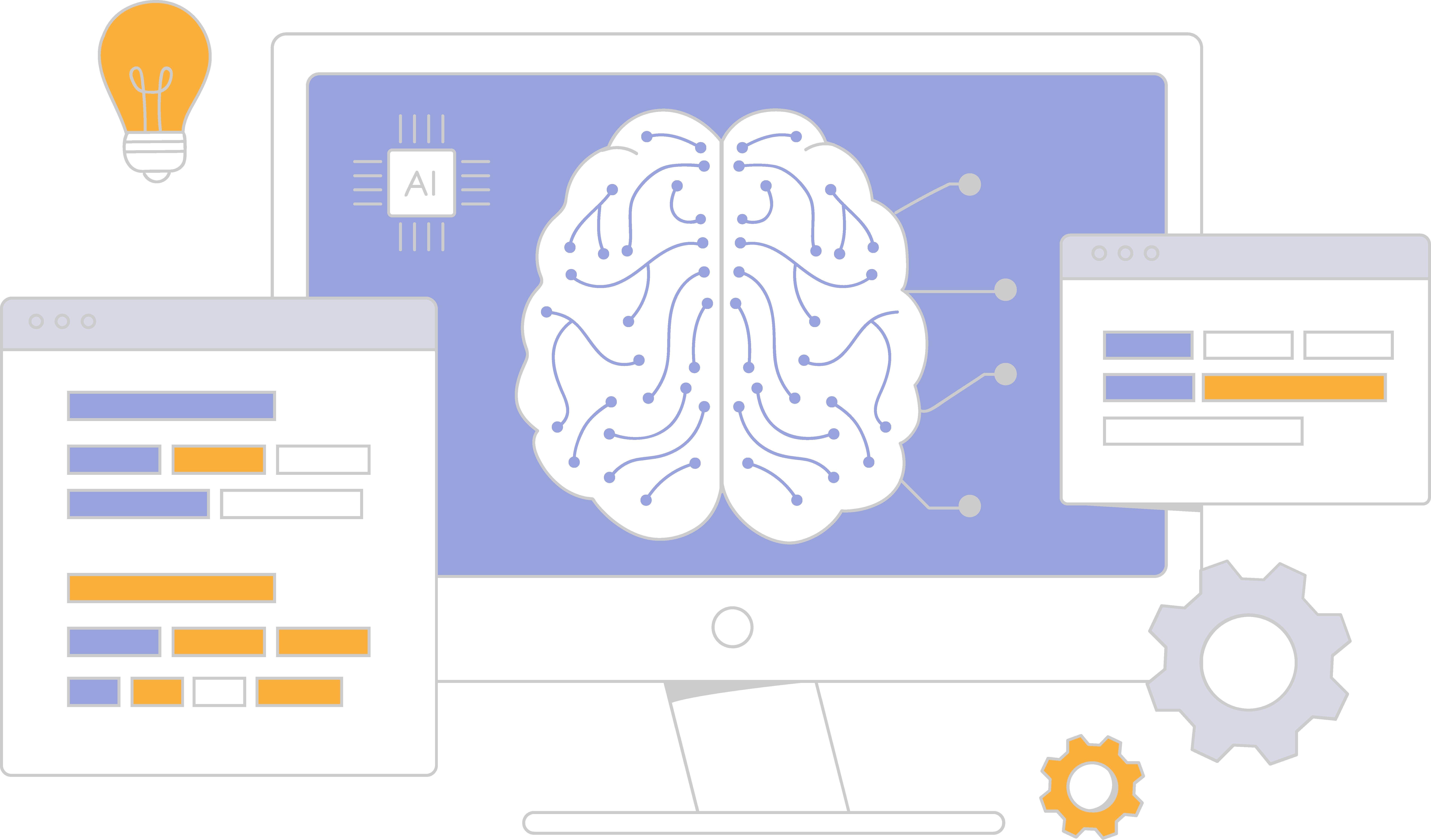 The illustration depicts an AI-driven semantic processing system centered around a large computer monitor displaying a stylized brain, symbolizing artificial intelligence and neural networks. The brain is connected to various nodes, representing data flow and interconnections. To the left and right of the monitor, there are two browser-like windows with structured data in blue, white, and orange blocks, symbolizing code, data processing, or visualized results. A glowing lightbulb at the top-left corner represents innovation or an idea, while two gears at the bottom-right indicate processes, optimization, or automation. The color palette includes soft purples, whites, and orange accents, emphasizing technology and clean design.