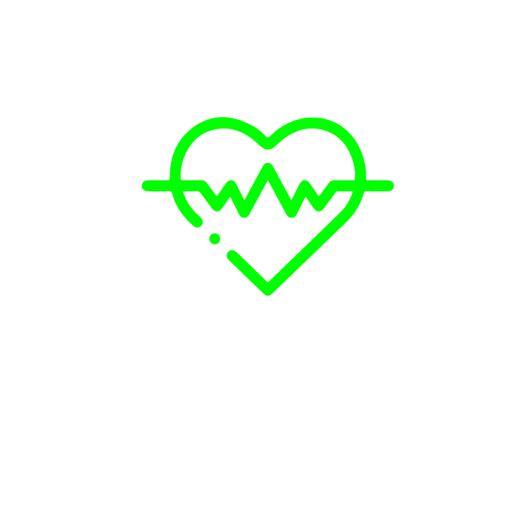 Icon of a heart with a heartbeat line running through it, outlined in bright green. The symbol is centered within a circular design with thick white and black concentric rings around it, representing healthcare or medical services.