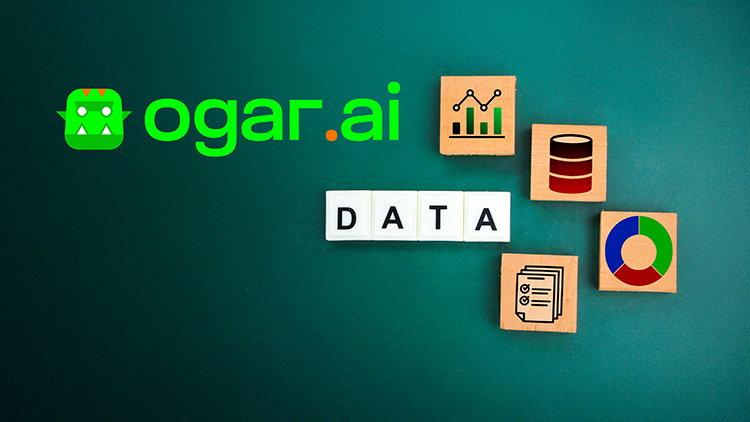 Image featuring the ogar.ai logo with a stylized ogre face and green text on a dark green background. To the right, wooden blocks display various data-related icons, including a bar chart, database symbol, pie chart, and document, with white tiles spelling out 'DATA' in the center. This composition emphasizes ogar.ai’s focus on data and analytics.