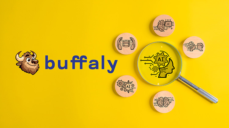 Image featuring the Buffaly logo with a cartoon buffalo head and 'buffaly' text on a yellow background. To the right, a magnifying glass highlights an icon of a human profile with 'AI' inside, symbolizing artificial intelligence. Surrounding the magnifying glass are wooden discs with various AI-related icons, representing concepts like machine learning, data analysis, and neural networks.