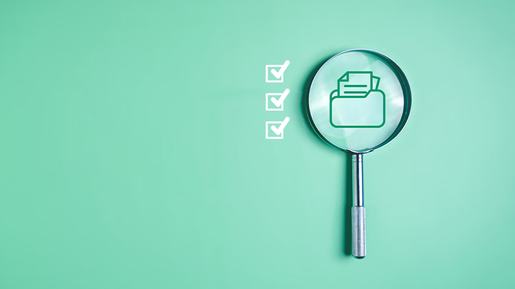 Image of a magnifying glass on a light green background, focusing on an icon of a folder containing documents, symbolizing data or information analysis. To the left of the magnifying glass, three checkmarks in boxes are vertically aligned, suggesting a checklist or verification process.
